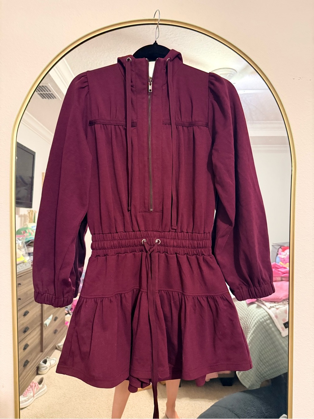 Burgundy Hooded Drawstring Waist Romper/Dress